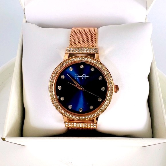 Jessica Simpson Rose Gold Mesh Blue Face With Crystal Accents NIB - Picture 2 of 6